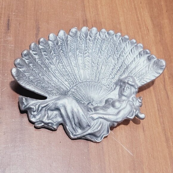 Vintage Cast Metal Trinket Dish Feather Fan Boudoir Lady - Picture 5 of 11